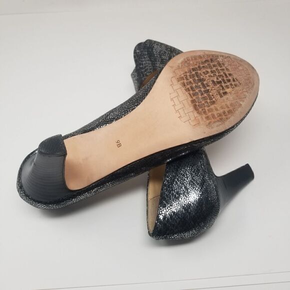 COLE HAAN PEEP TOE HEELS. BLACK SILVER TEXTURE. SIZE 9B. - Picture 14 of 16